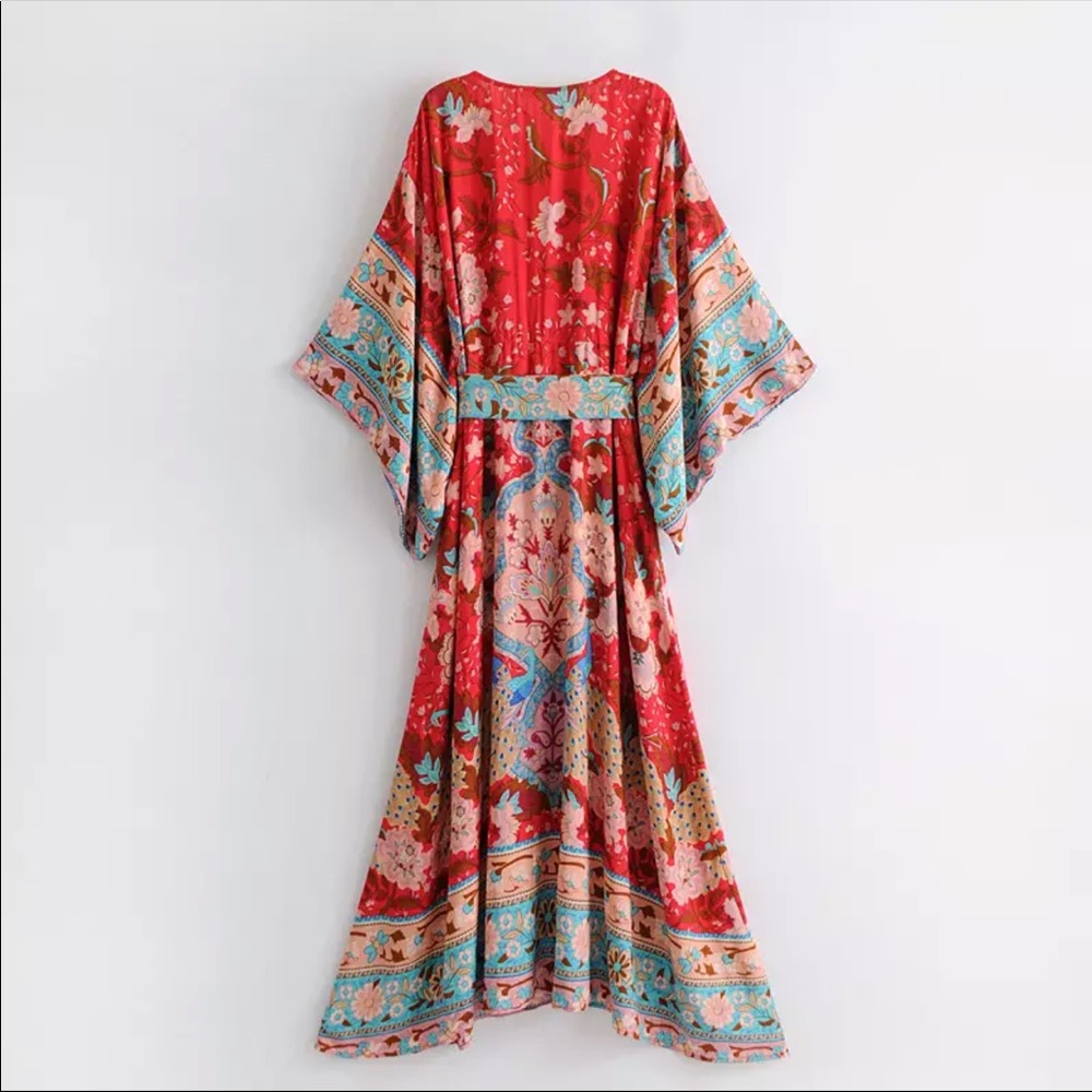 Boho Kimono Floral Print Maxi Gypsy Dress red - Picture 4 of 11